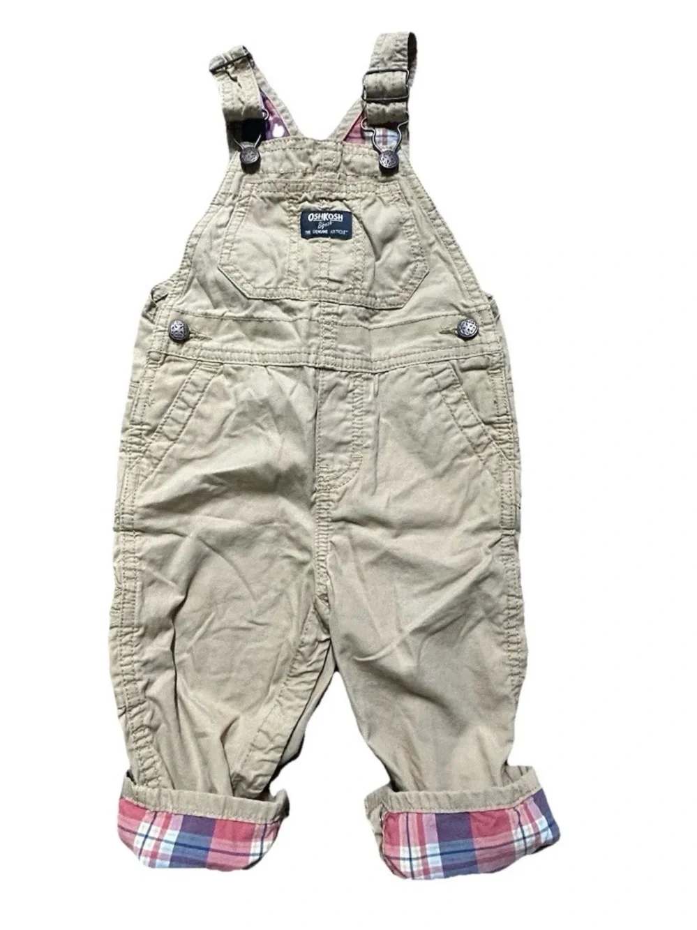 Toddler Boy Oshkosh B’gosh Khaki Overalls Plaid Cuffs Size 12-18 Months